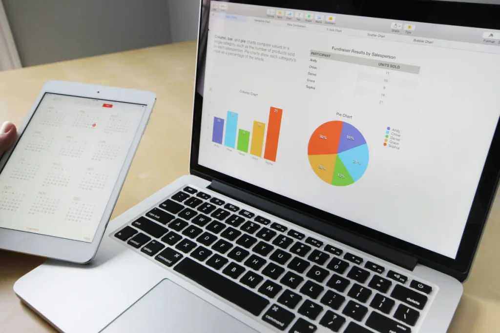 Business analytics dashboard on a laptop with charts and sales data next to a tablet calendar.