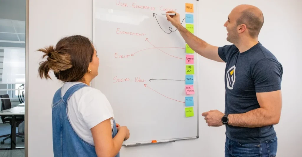 Two professionals collaborating on unstructured data analytics diagram on whiteboard with sticky notes.