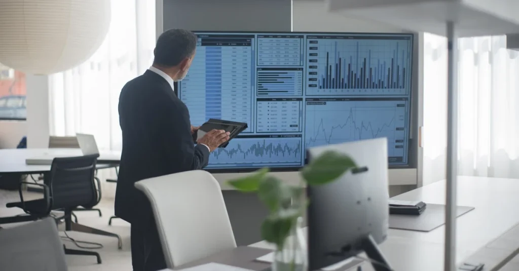 Business professionals analyzing sales analytics software dashboard displaying data charts and metrics on large monitor.