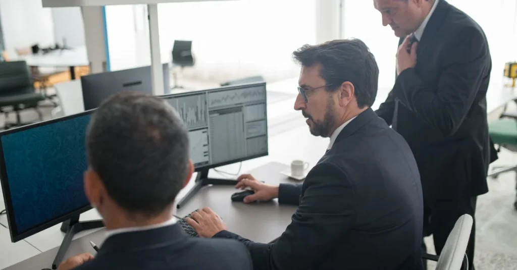 Three professionals reviewing data on dual monitors displaying a business intelligence dashboard in office setting.
